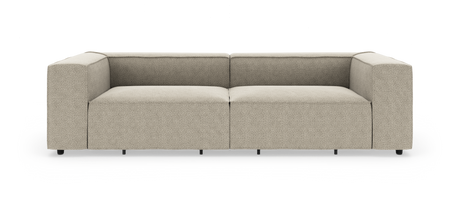 Beige, modulær 2-personers sofa med brede armlæn og lave ben, fotograferet lige forfra mod hvid baggrund.