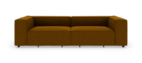 Modulsofa i sennepsgul/brun tekstil på hvid studiobaggrund, frontvisning.