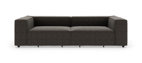 Mørkegrå modulsofa med brede armlæn i moderne, stramt design, frilagt på hvid baggrund set direkte forfra.