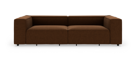 Brun 2-personers modulsofa i stof, frontvisning på hvid baggrund.