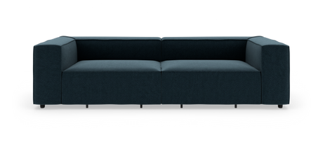 Mørk turkis, moderne 2-personers modulsofa med brede armlæn, fotograferet lige forfra mod hvid studiebaggrund.