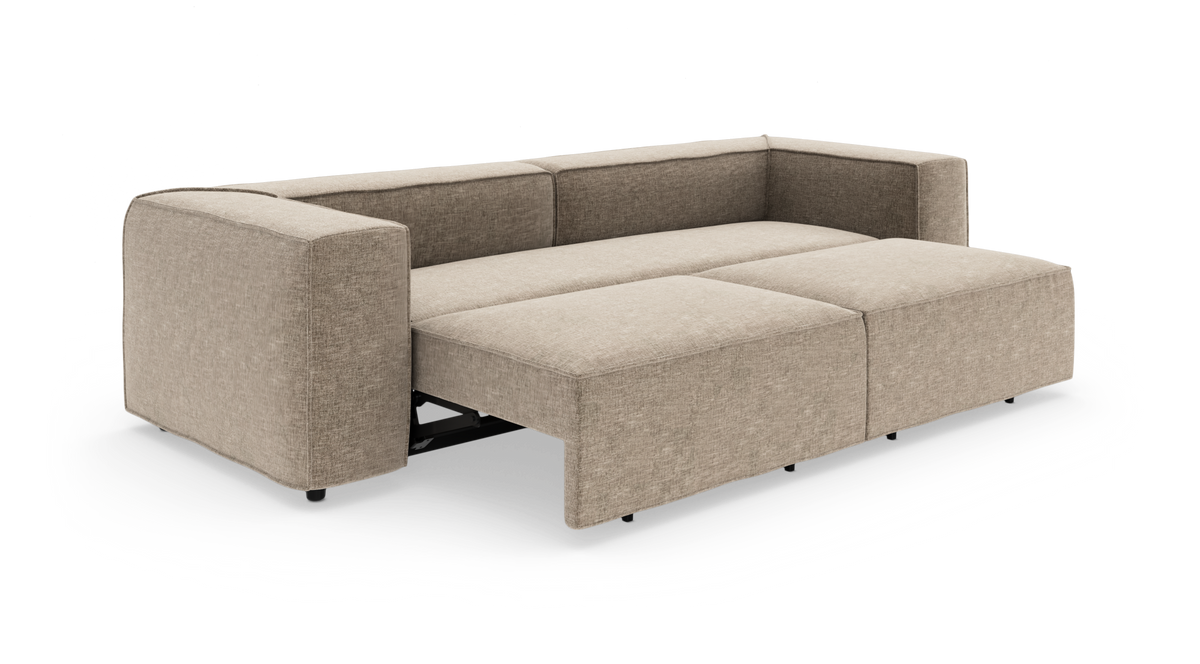 Beige hjørnesovesofa vist udfoldet til dobbeltseng på hvid baggrund.