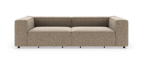 Beige modulsofa i stof med brede, lige armlæn og to sæder, frilagt mod hvid baggrund i front.