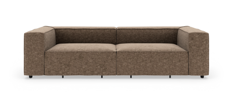 Brun, modulær tosæders sofa med brede, bokslignende armlæn, fotograferet lige forfra i studiemiljø.
