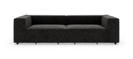 Mørkegrå, boxet stofsofa frilagt på hvid baggrund.