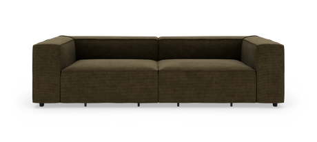 Modulsofa i olivgrønt stof med brede armlæn, lav og rektangulær, set forfra.