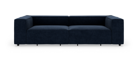 Mørkeblå, moderne 2-personers sofa med kubiske armlæn, frilagt på hvid baggrund.