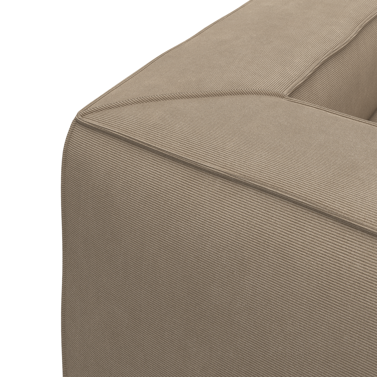 Nærbillede af beige sofa-hjørne i fløjl/corduroy på studiebaggrund.