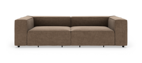 Brun, modulær 2-personers sofa med brede armlæn, set forfra på hvid baggrund.