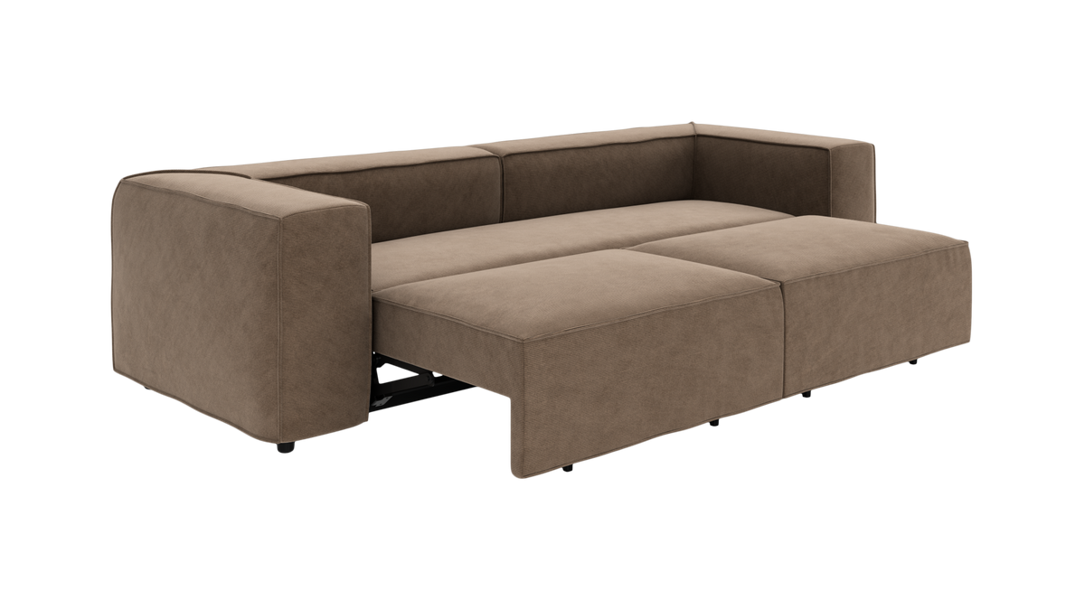 Brun sovesofa i stof, vist udfoldet med udtræksdel.