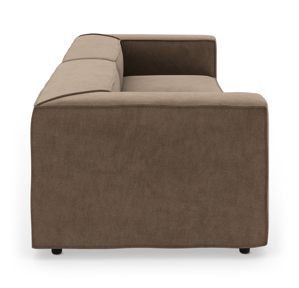 Brun modulsofa set fra siden mod hvid baggrund.