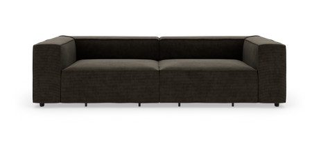 Mørkebrun 2-personers sofa med brede, boxede armlæn og lav ryg, fritlagt mod hvid baggrund.