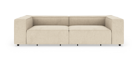 Beige modulsofa med brede armlæn og to sæder, frilagt på hvid baggrund.