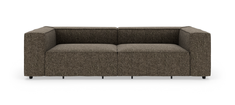 Brungrå moderne modulsofa i stof frilagt mod hvid baggrund set lige forfra.