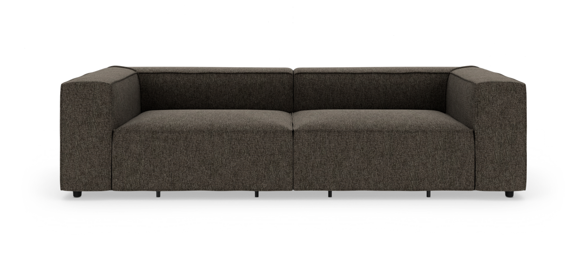 Mørkegrå modulsofa med lige armlæn, fotograferet forfra på hvid baggrund.