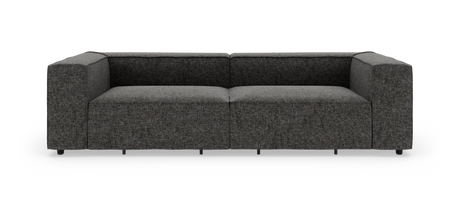 Mørkegrå moderne modulsofa med brede armlæn, frilagt på hvid baggrund.