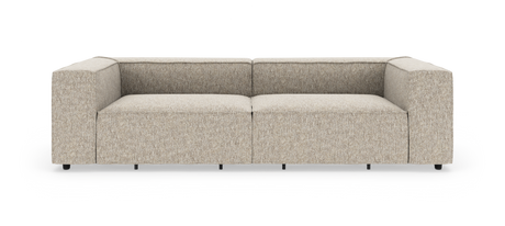Beige modulsofa med lave ryglæn og brede armlæn, fritlagt på hvid baggrund, set forfra.