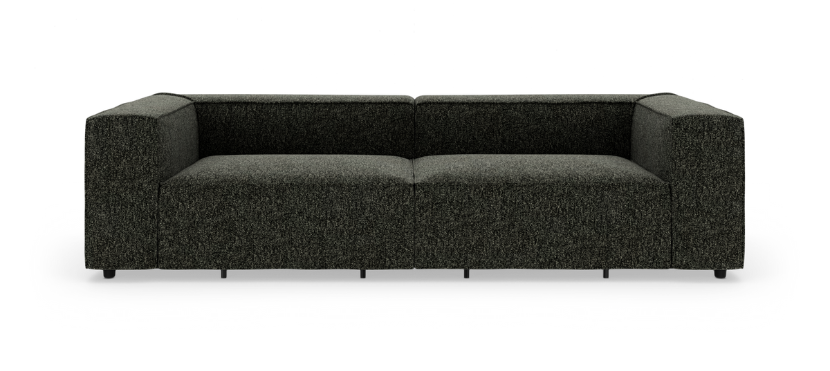 Mørkegrå, modulær 3-personers sofa med brede, blokformede armlæn set forfra på hvid baggrund.