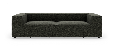 Mørkegrå, modulær 3-personers sofa med brede, blokformede armlæn set forfra på hvid baggrund.