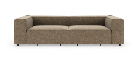 Modulsofa i beige/brun tekstil med brede armlæn, fotograferet lige forfra på hvid baggrund.
