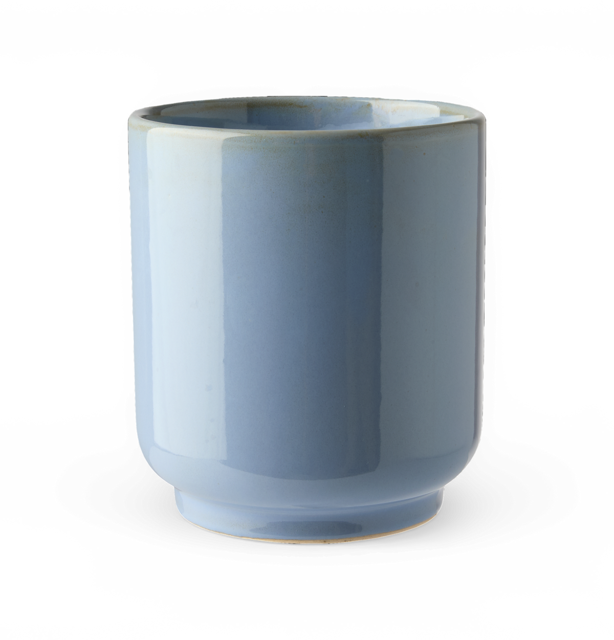 Blank lyseblå keramikvase med afrundet fod på hvid baggrund.
