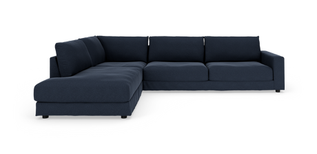 Mørkeblå L‑sofa med venstrevendt chaiselong på hvid baggrund.