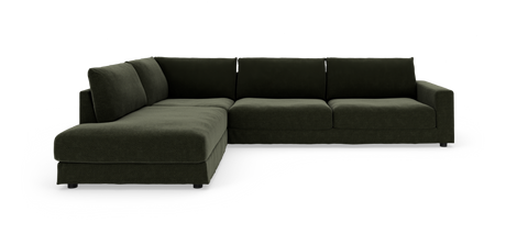 Mørkegrøn L‑sofa med chaiselong til venstre, fritlagt på hvid baggrund.