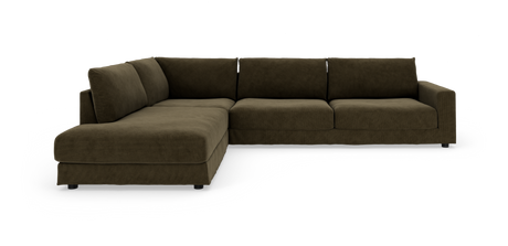 Mørkebrun L‑sofa med venstrevendt chaiselong, moderne og enkel i udtryk på hvid baggrund.