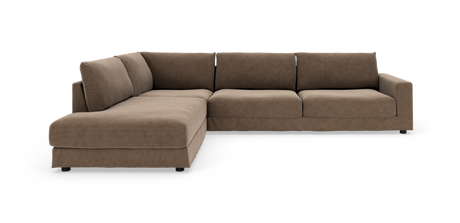 Brun L‑formet modulsofa med venstrevendt chaiselong, frilagt på hvid baggrund.