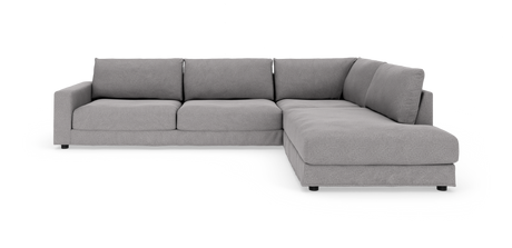 Grå L‑sofa med højrevendt chaiselong, moderne og blød polstring på hvid baggrund.