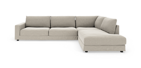 Beige L‑formet modulsofa med chaiselong til højre, frilagt på hvid baggrund.