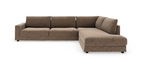Brun L-formet modulsofa med højre chaiselong på hvid baggrund.