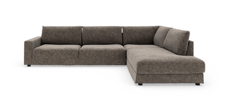 L-formet modulsofa i brungrå tekstil med chaiselong til højre, frilagt på hvid baggrund.