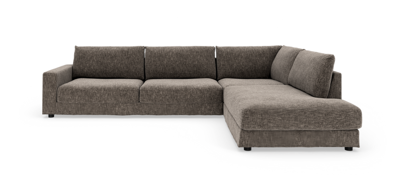 L-formet modulsofa i brungrå tekstil med chaiselong til højre, frilagt på hvid baggrund._ps