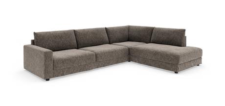 Hjørnesofa i gråmeleret stof med chaiselong til højre.
