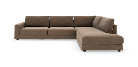 Brun L‑formet modulsofa i tekstil med chaiselong til højre, frilagt på hvid baggrund.