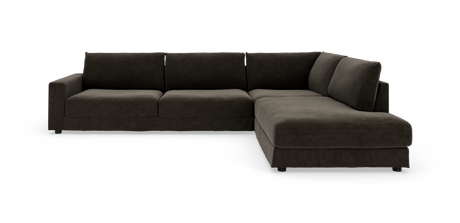 Mørk hjørnesofa med chaiselong til højre, set forfra i studioly s på hvid baggrund.