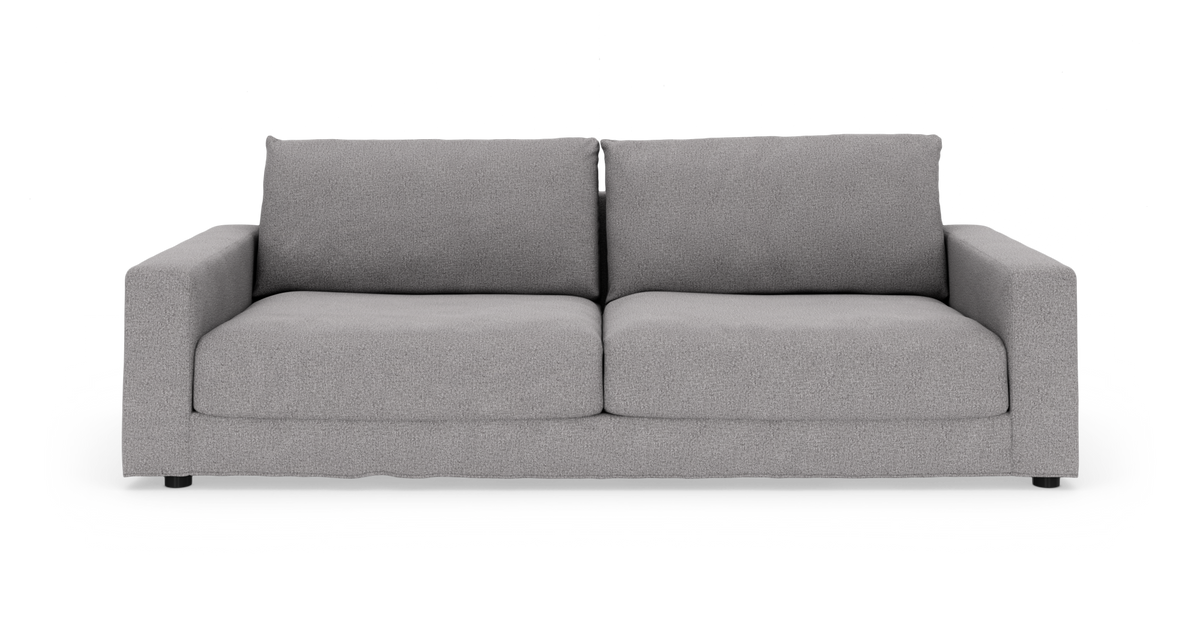 Grå tosædet sofa med rene linjer på hvid baggrund.
