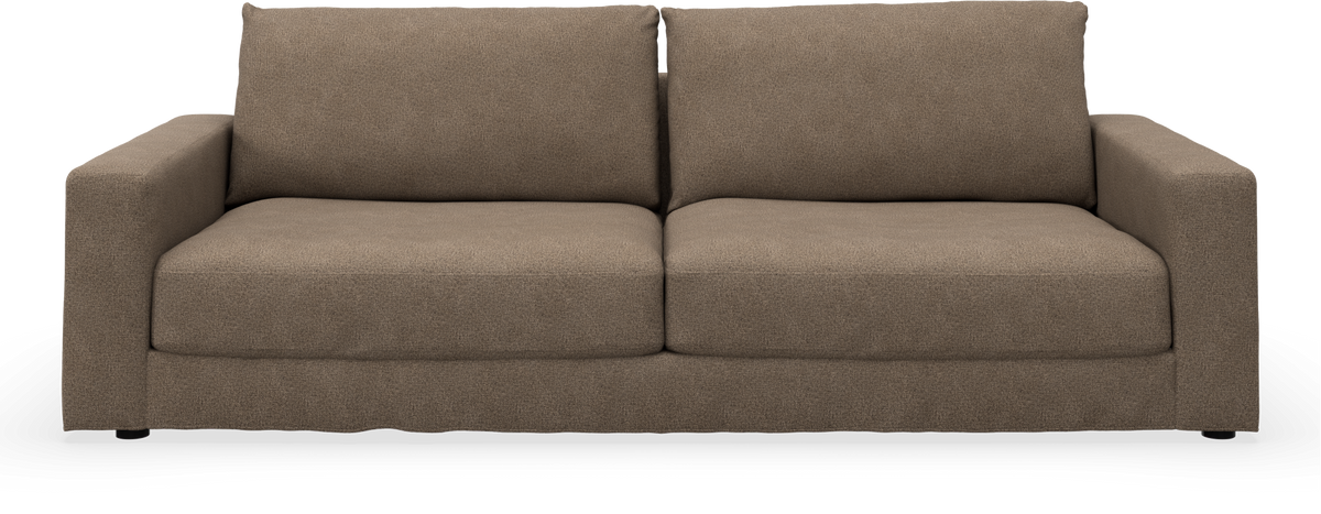 Forfra: moderne 2-personers sofa i brun tekstil med firkantede armlæn og to ryghynder.