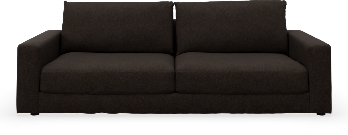Mørkebrun 2-personers sofa med lige armlæn, set forfra på neutral baggrund.