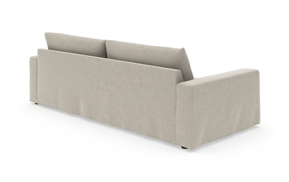 Beige stofsofa set skråt bagfra på hvid baggrund.
