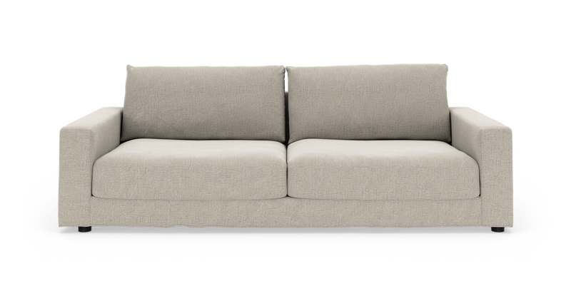 Beige 2-personers sofa med tykke puder, fotograferet lige forfra på hvid baggrund._ps