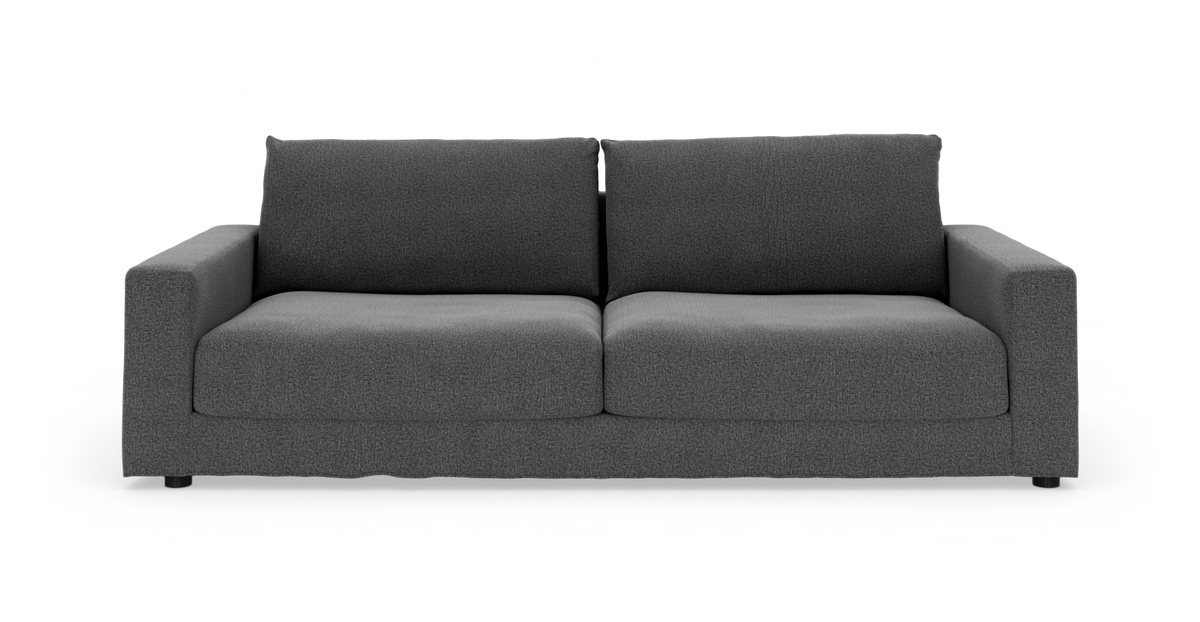 Mørkegrå 2-personers sofa set forfra, fritlagt på hvid baggrund.