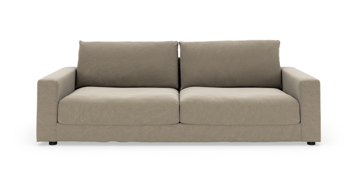 Beige 2-personers sofa med firkantede armlæn og to ryghynder, isoleret på hvid baggrund.