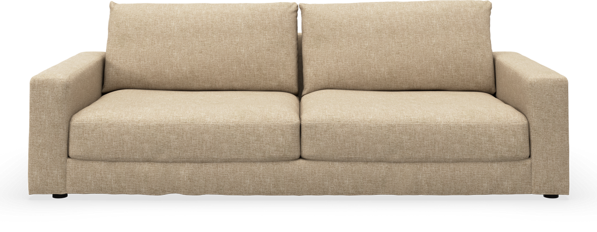 Beige 2-personers sofa med lige armlæn og løse ryghynder, frilagt på hvid baggrund.