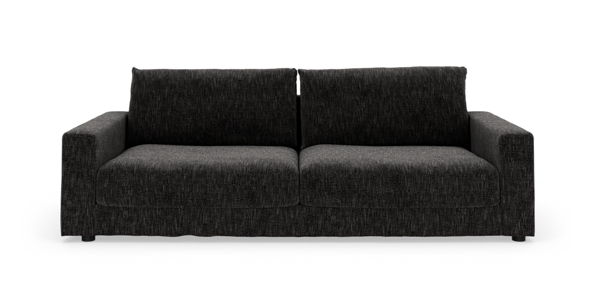 Mørkgrå 2‑personers sofa set forfra på hvid baggrund.