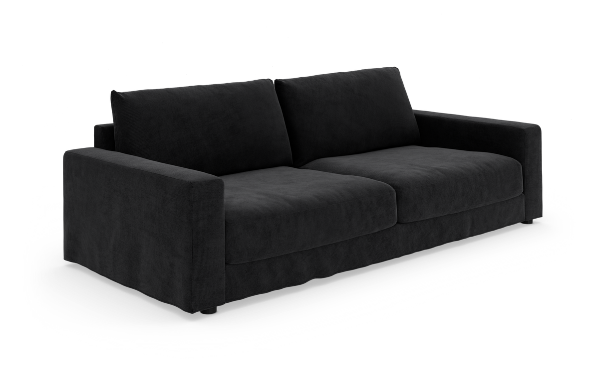 Sort 3-personers sofa i moderne, minimalistisk design, frilagt på hvid baggrund.