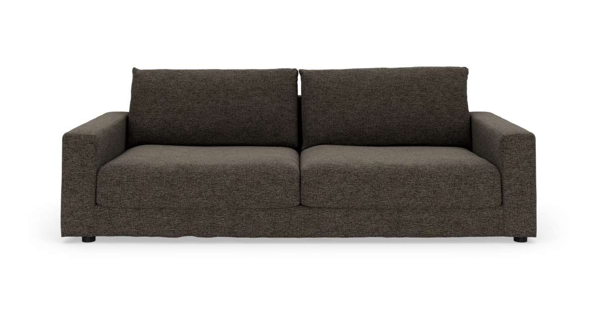 Mørkebrun 2-personers sofa med firkantede armlæn, frontvisning på hvid baggrund.