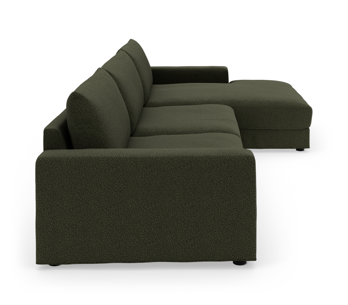 Mørkegrøn modulsofa med chaiselong på højre side, set fra siden på hvid baggrund.
