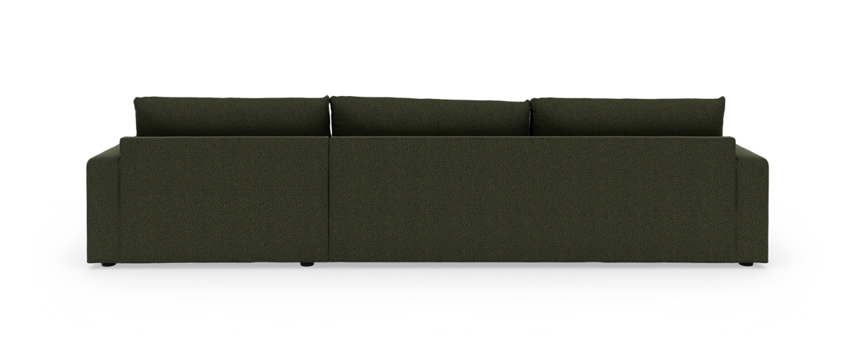 Mørkegrøn 3-personers sofa set bagfra på hvid studiebaggrund.